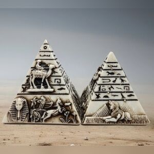 Egyptian Set Of 2 Carved Stone Pyramids With Symbols & Egypt Camels Hieroglyphic